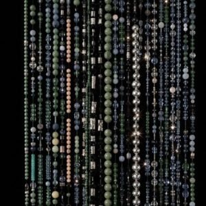 Custom beaded door curtain in green, blue, and silver tones on a rod
