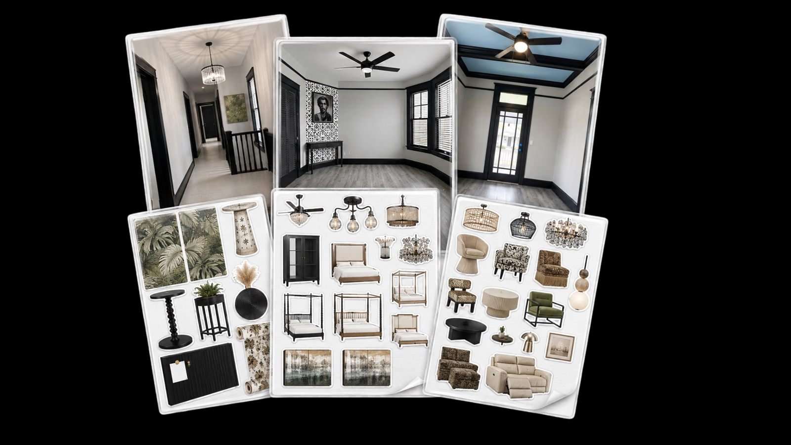 Three room photos each paired with a matching furniture sticker sheet
