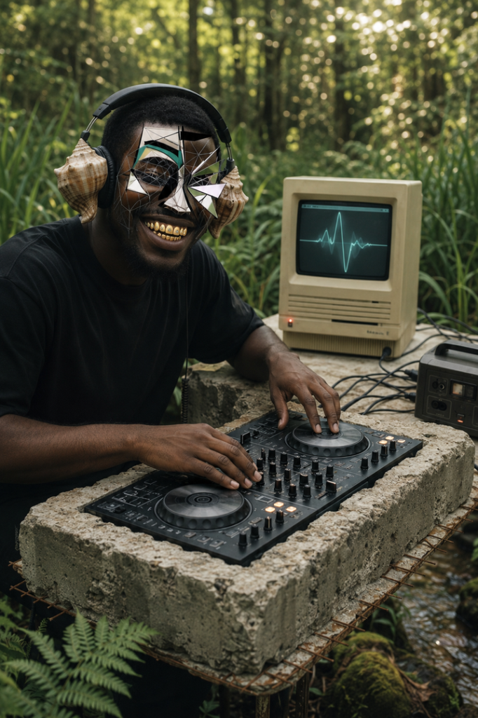 DJ with headphones in nature setting with vintage monitor