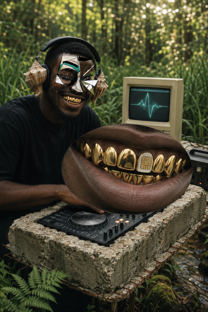 DJ with grillz callout and vintage monitor showing heartbeat