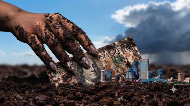 Muddy hand pulling hundred dollar bill from dirt with Jacksonville skyline