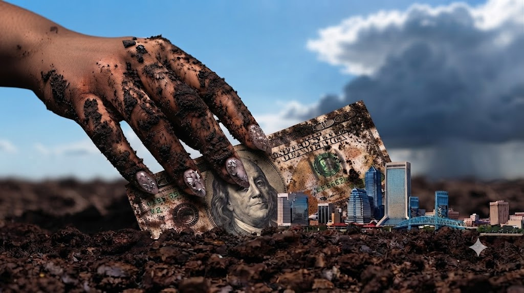 Muddy hand pulling hundred dollar bill from dirt with Jacksonville skyline
